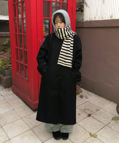 ハイネックキルティングウールベルトロングコート BLACK