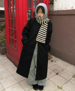 ハイネックキルティングウールベルトロングコート BLACK