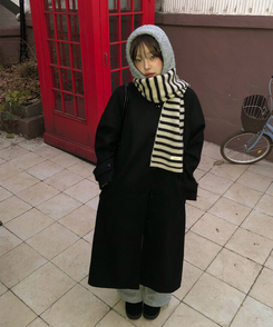 ハイネックキルティングウールベルトロングコート BLACK