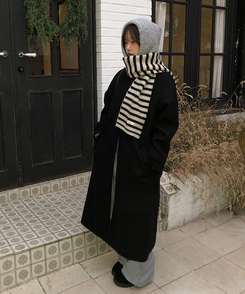 ハイネックキルティングウールベルトロングコート BLACK