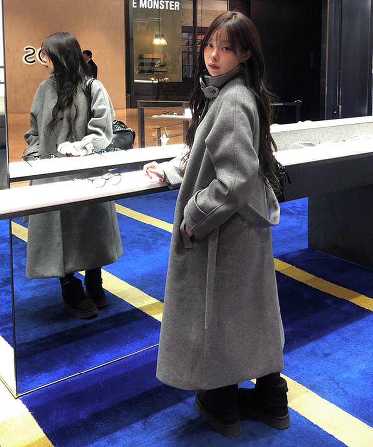 ハイネックキルティングウールベルトロングコート GREY