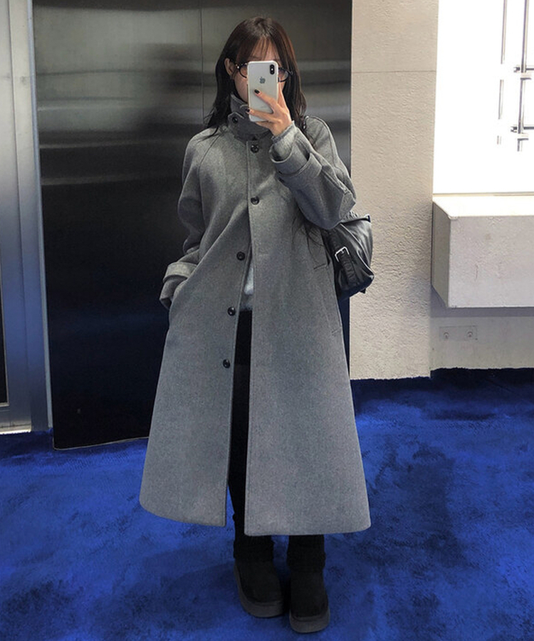 ハイネックキルティングウールベルトロングコート GREY