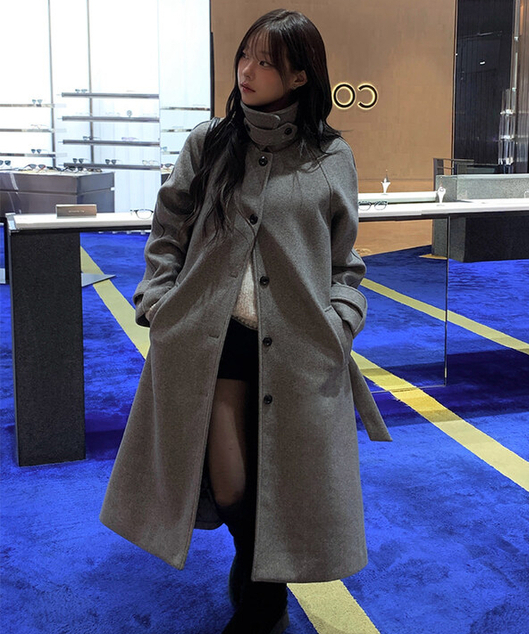 ハイネックキルティングウールベルトロングコート GREY