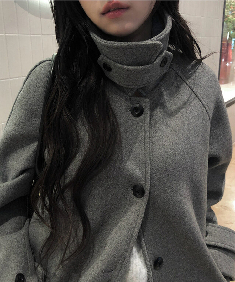 ハイネックキルティングウールベルトロングコート GREY