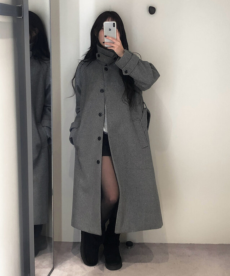 ハイネックキルティングウールベルトロングコート GREY