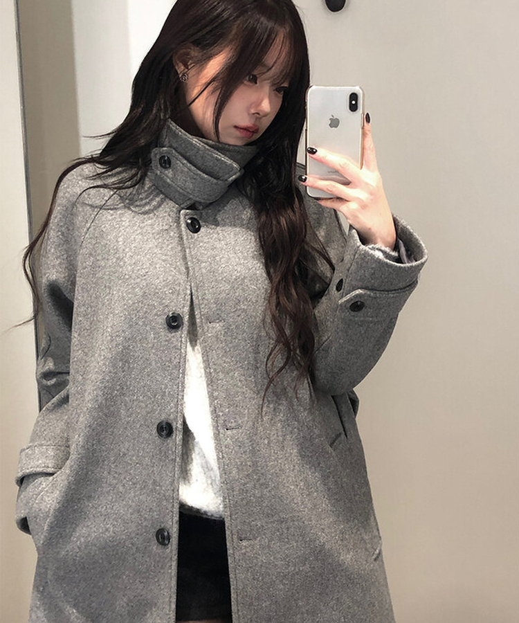 ハイネックキルティングウールベルトロングコート GREY