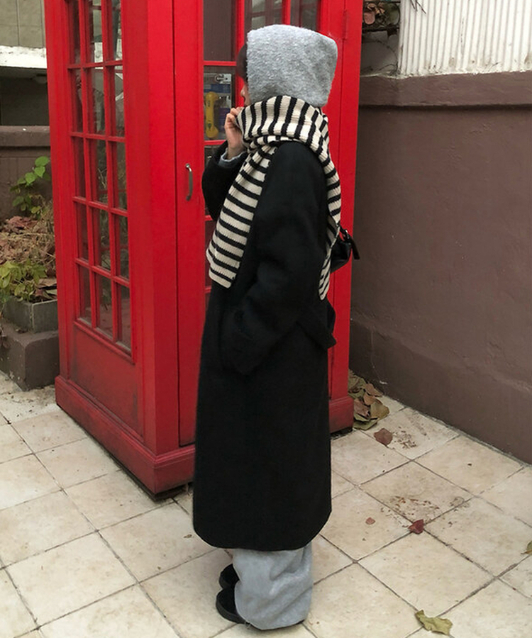 ハイネックキルティングウールベルトロングコート BLACK