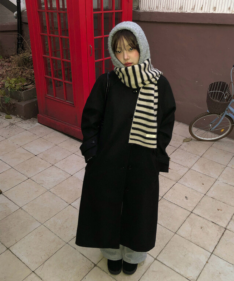 ハイネックキルティングウールベルトロングコート BLACK