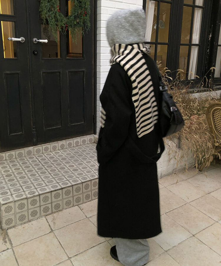 ハイネックキルティングウールベルトロングコート BLACK