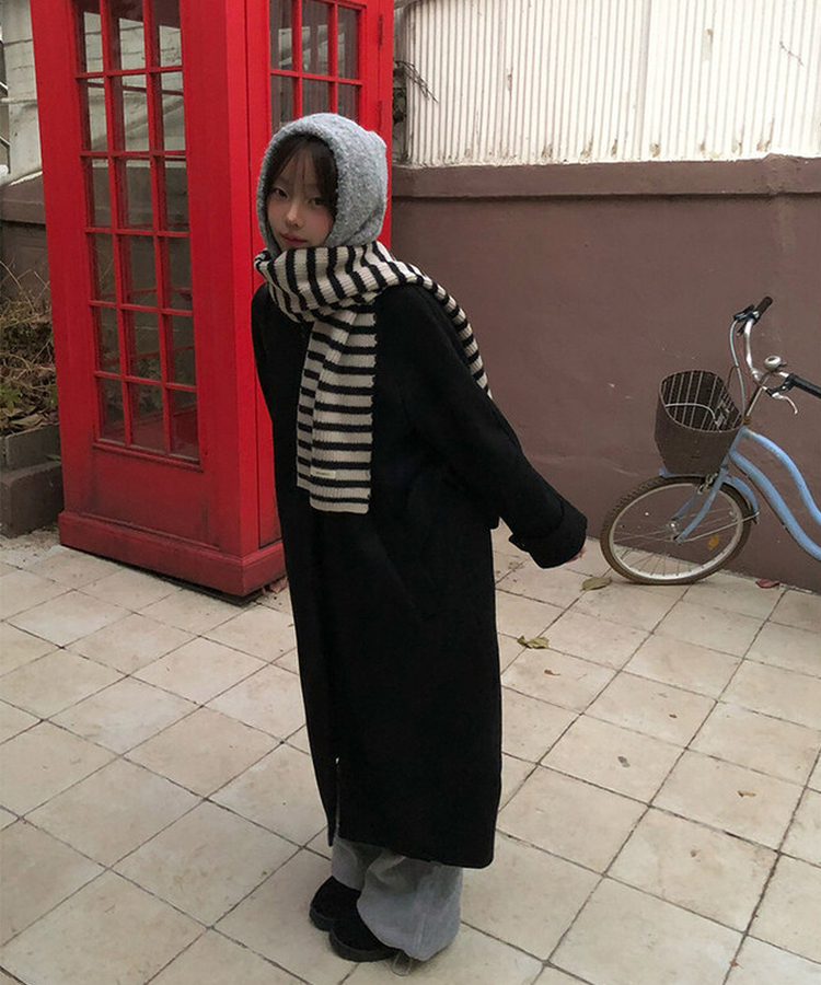 ハイネックキルティングウールベルトロングコート BLACK