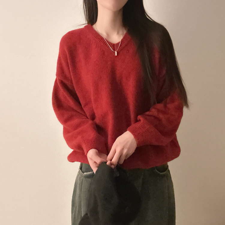 ベーシックウールVネックニット(9color) RED