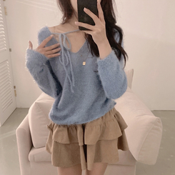 チョーカーリボンアンゴラVネックニット(6color) SKY BLUE