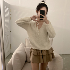 チョーカーリボンアンゴラVネックニット(6color) IVORY