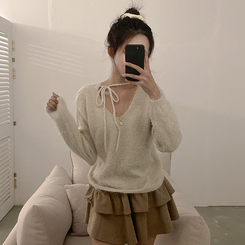 チョーカーリボンアンゴラVネックニット(6color) IVORY