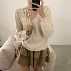 チョーカーリボンアンゴラVネックニット(6color) IVORY