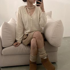 チョーカーリボンアンゴラVネックニット(6color) IVORY