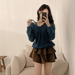 チョーカーリボンアンゴラVネックニット(6color) NAVY