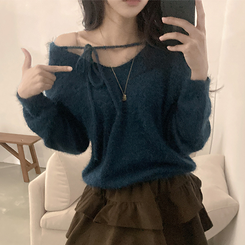 チョーカーリボンアンゴラVネックニット(6color) NAVY