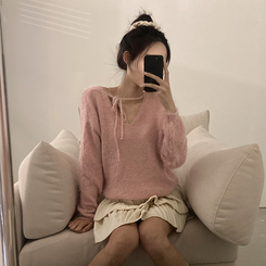 チョーカーリボンアンゴラVネックニット(6color) PINK