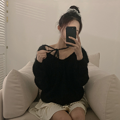 チョーカーリボンアンゴラVネックニット(6color) BLACK