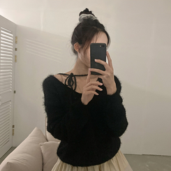 チョーカーリボンアンゴラVネックニット(6color) BLACK