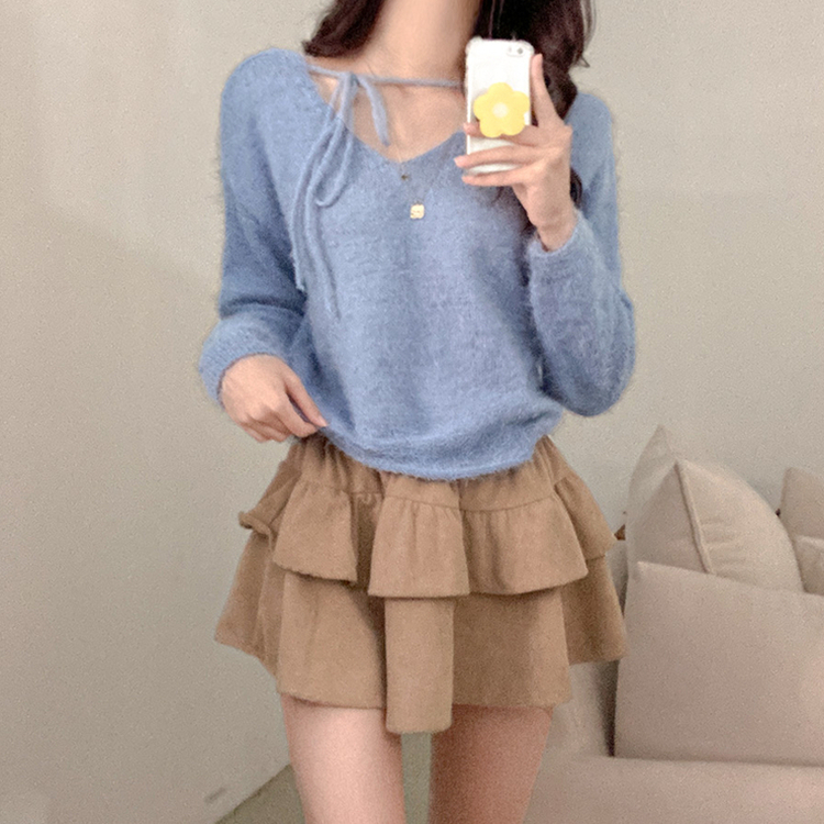 チョーカーリボンアンゴラVネックニット(6color) SKY BLUE