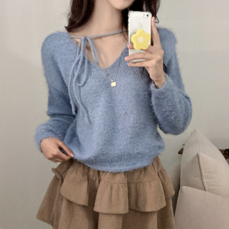 チョーカーリボンアンゴラVネックニット(6color) SKY BLUE