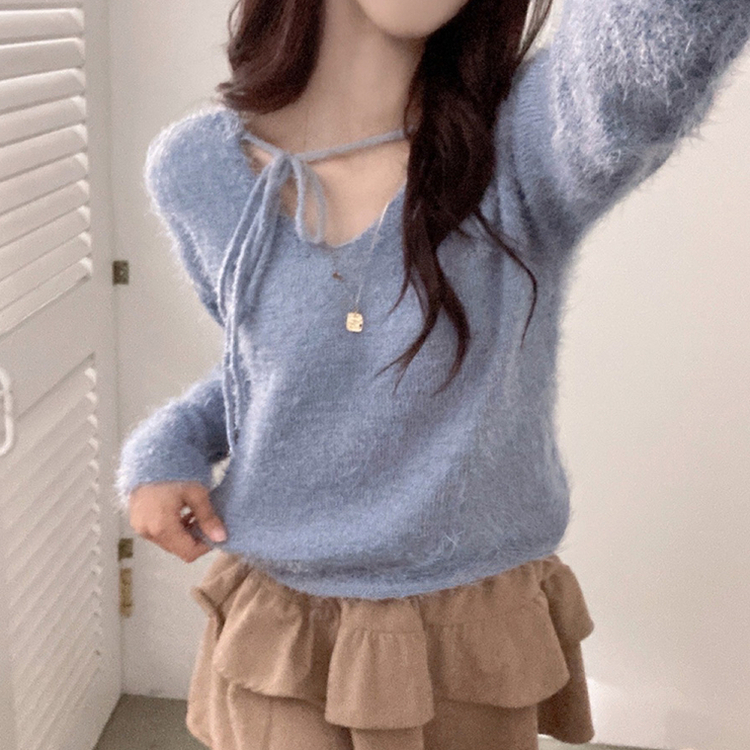 チョーカーリボンアンゴラVネックニット(6color) SKY BLUE