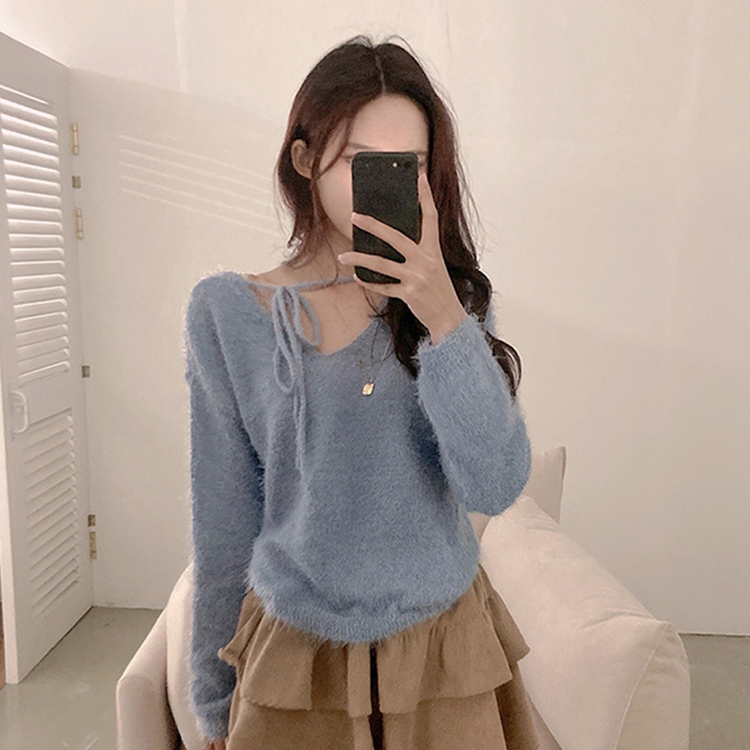 チョーカーリボンアンゴラVネックニット(6color) SKY BLUE