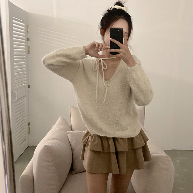 チョーカーリボンアンゴラVネックニット(6color) IVORY