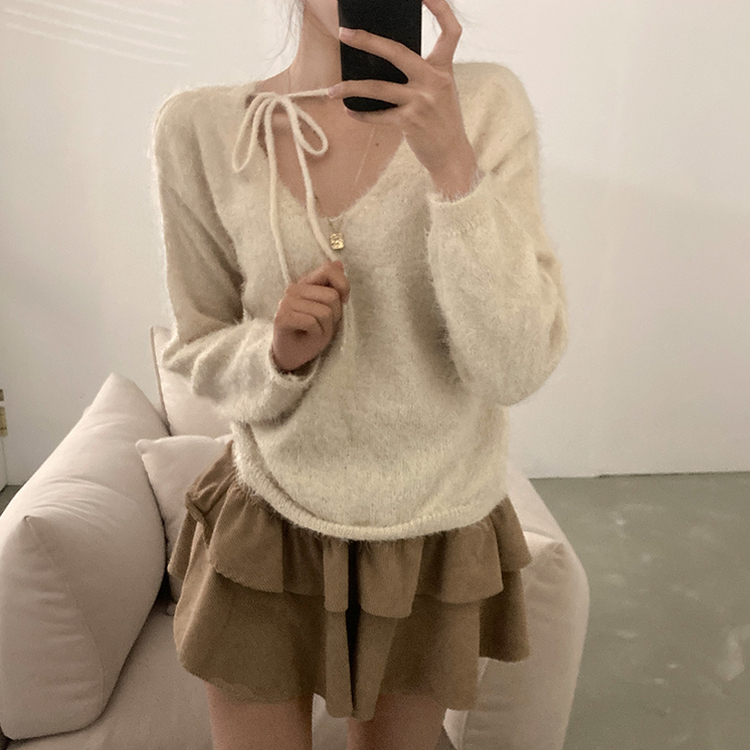 チョーカーリボンアンゴラVネックニット(6color) IVORY