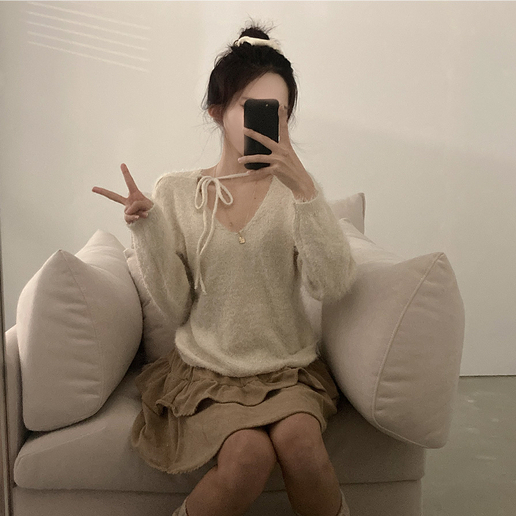 チョーカーリボンアンゴラVネックニット(6color) IVORY