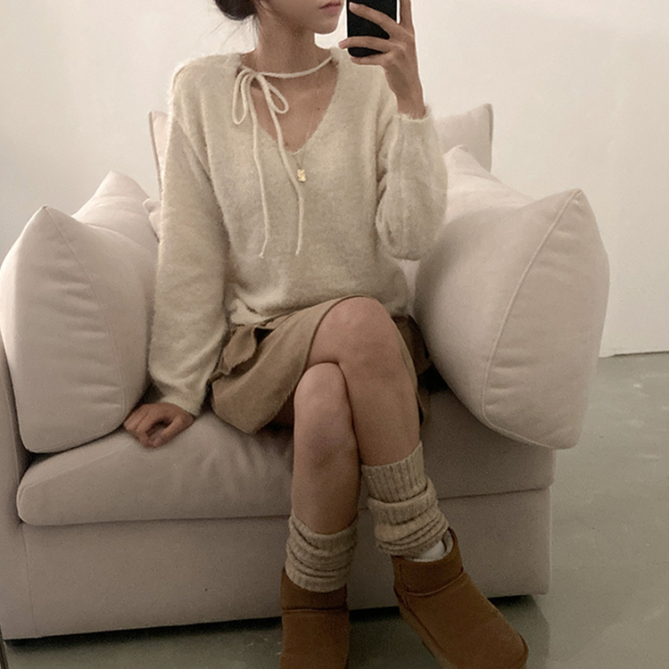 チョーカーリボンアンゴラVネックニット(6color) IVORY