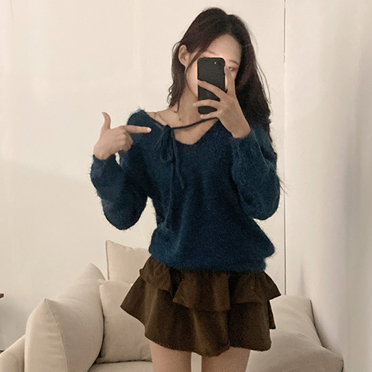 チョーカーリボンアンゴラVネックニット(6color) NAVY