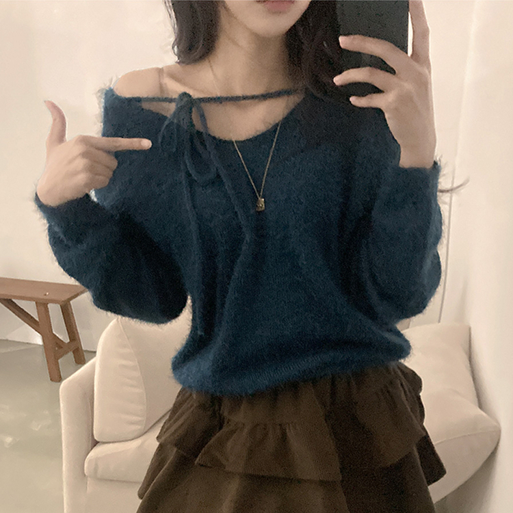 チョーカーリボンアンゴラVネックニット(6color) NAVY