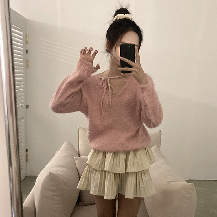 チョーカーリボンアンゴラVネックニット(6color) PINK