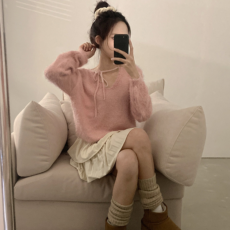 チョーカーリボンアンゴラVネックニット(6color) PINK