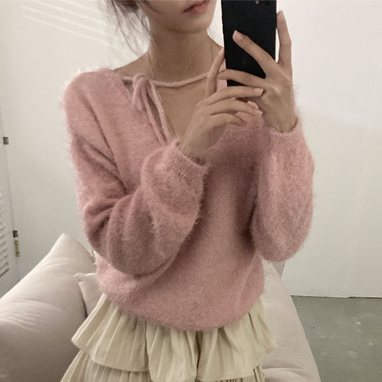 チョーカーリボンアンゴラVネックニット(6color) PINK