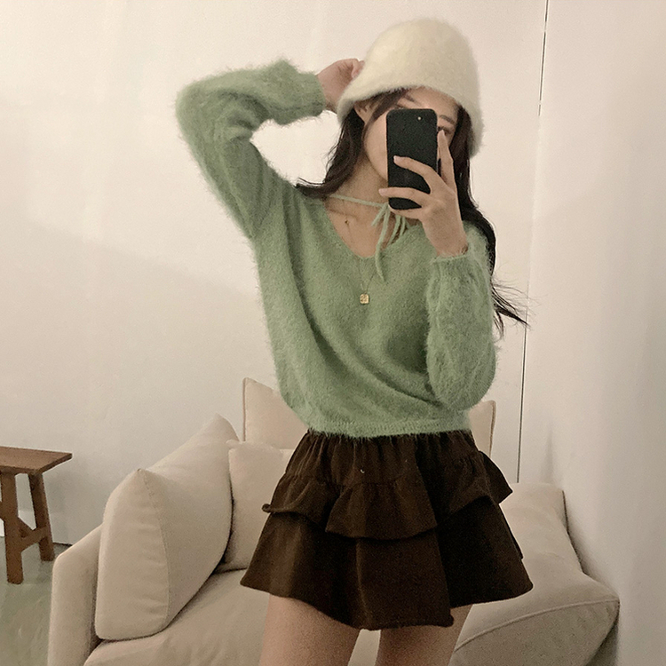 チョーカーリボンアンゴラVネックニット(6color) MINT