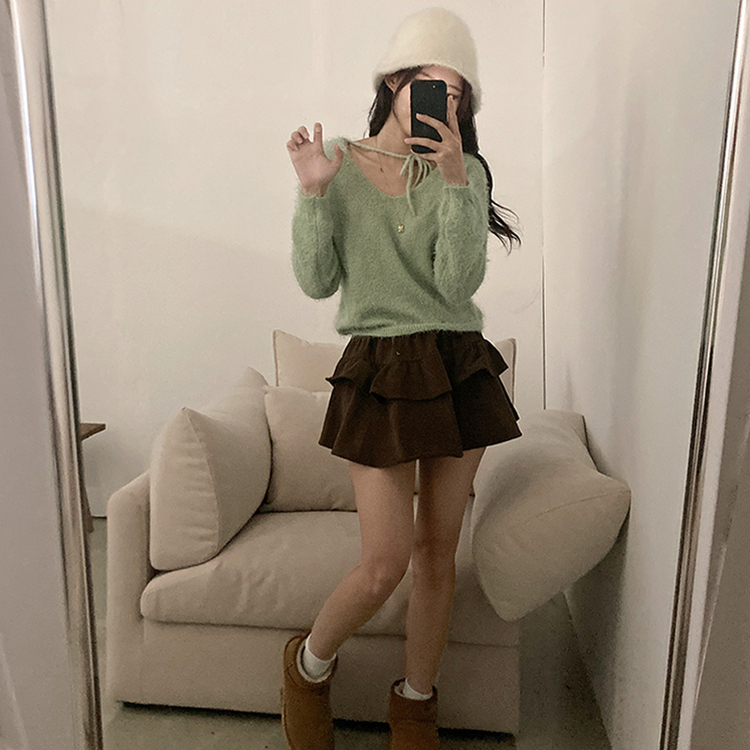 チョーカーリボンアンゴラVネックニット(6color) MINT