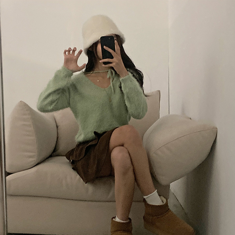 チョーカーリボンアンゴラVネックニット(6color) MINT