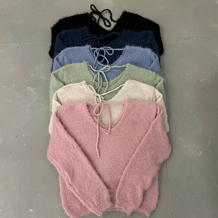 チョーカーリボンアンゴラVネックニット(6color)