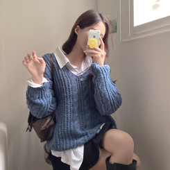 ケーブルVネックルーズフィットニット(5color) BLUE