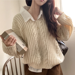 ケーブルVネックルーズフィットニット(5color) IVORY