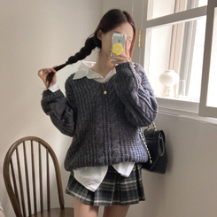 ケーブルVネックルーズフィットニット(5color) CHARCOAL