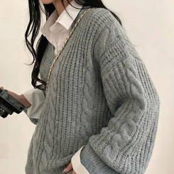 ケーブルVネックルーズフィットニット(5color) GREY