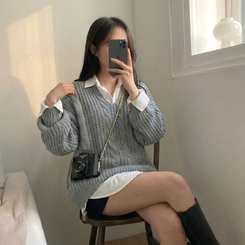 ケーブルVネックルーズフィットニット(5color) GREY