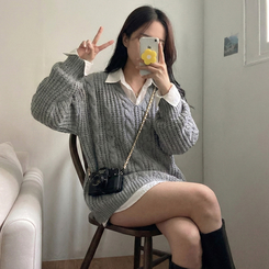 ケーブルVネックルーズフィットニット(5color) GREY