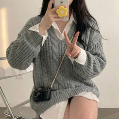 ケーブルVネックルーズフィットニット(5color) GREY