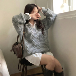 ケーブルVネックルーズフィットニット(5color) GREY